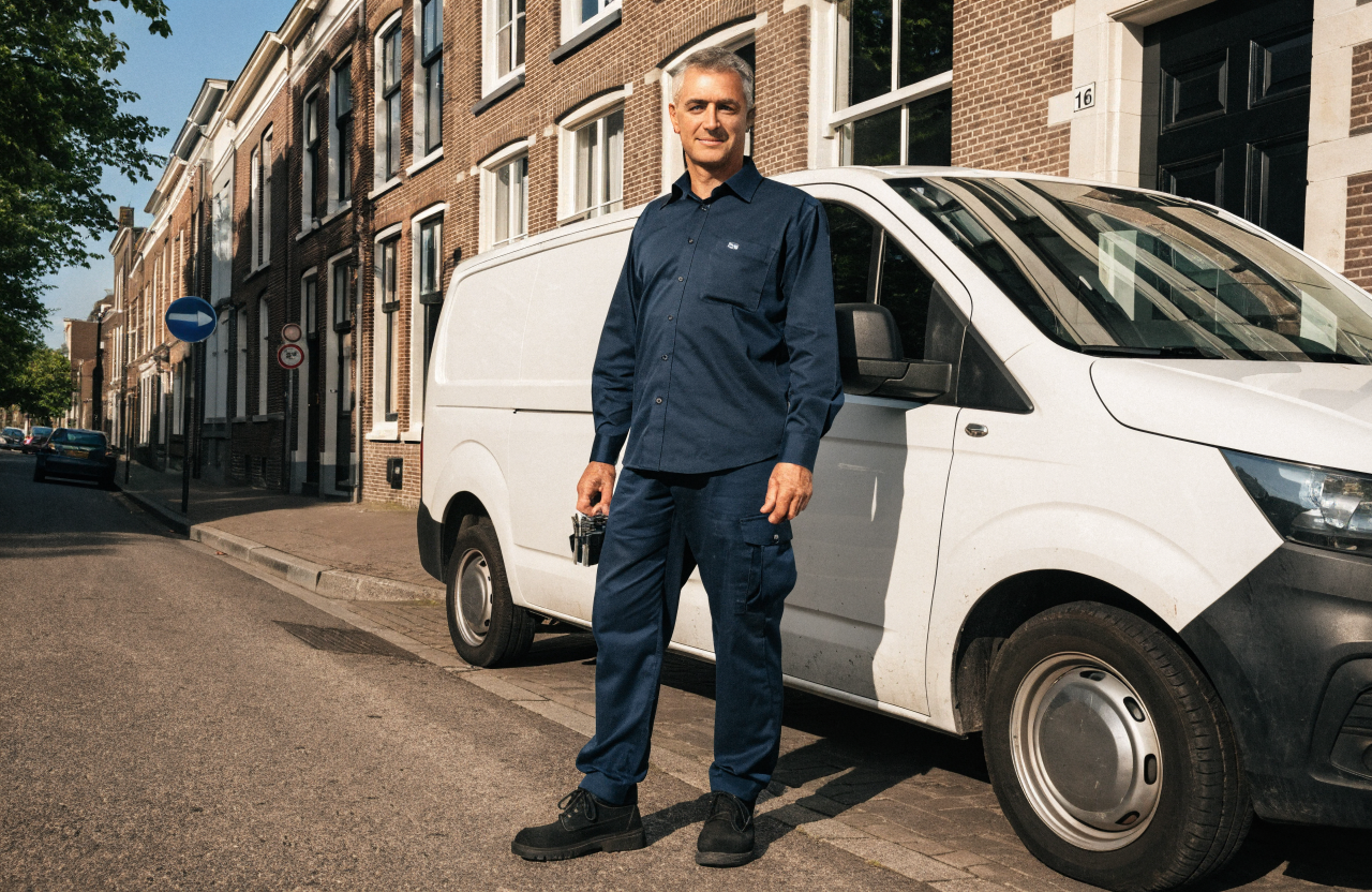 Vakkundige slotenmaker van Slothuis bij servicebus in Nederlandse straat